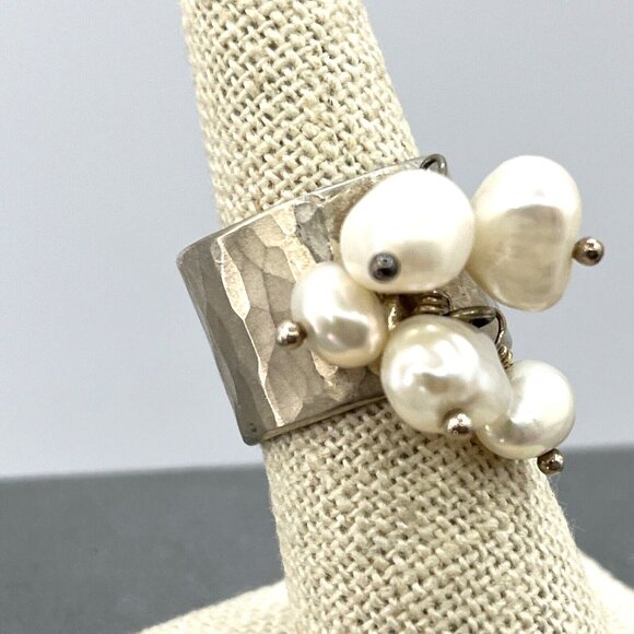 Sterling Silver & Natural Pearl Wide Band Cha Cha Ring Size 6.5 - Picture 3 of 10
